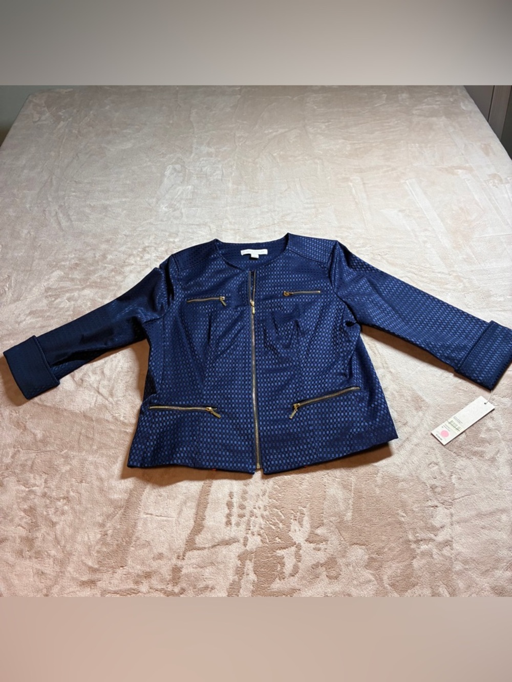 NWT Laura Ashley Textured Navy Zip Jacket Gold Hardware Women M French Riviera